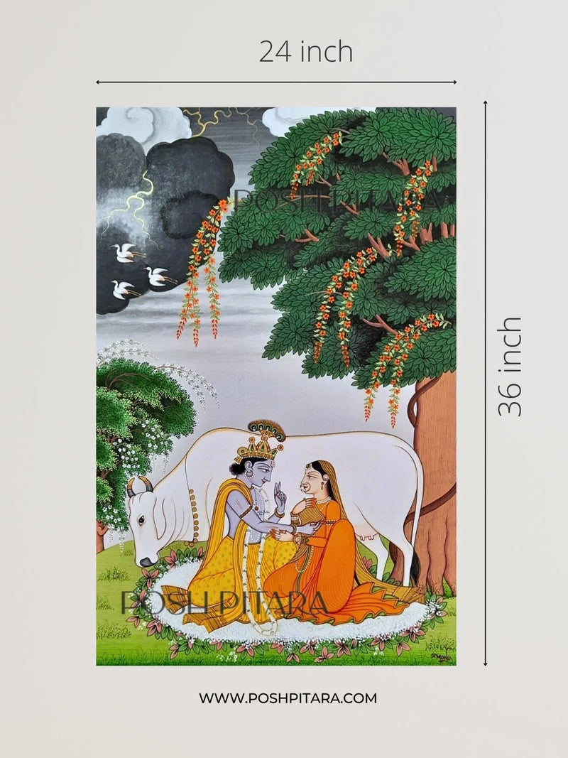 RADHA KRISHNA WITH THE HOLY COW (Handpainted)