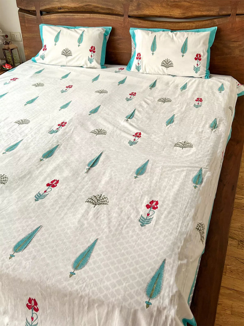 DAKOTA DAYS FLORAL HANDBLOCK PRINTED BEDSHEET WITH REVERSIBLE PILLOW CASES