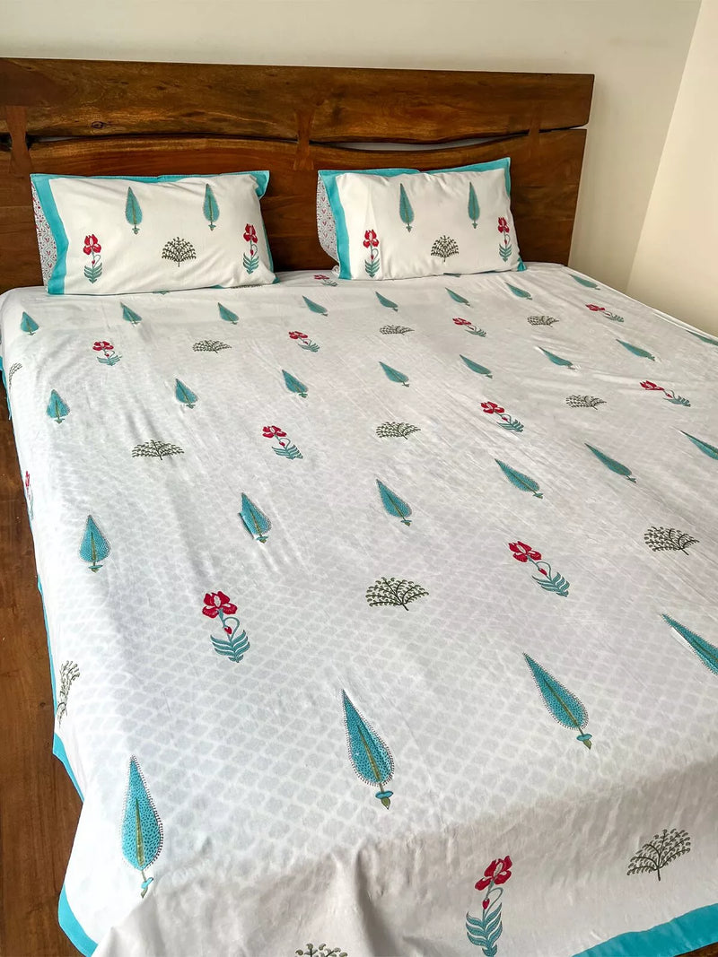 DAKOTA DAYS FLORAL HANDBLOCK PRINTED BEDSHEET WITH REVERSIBLE PILLOW CASES