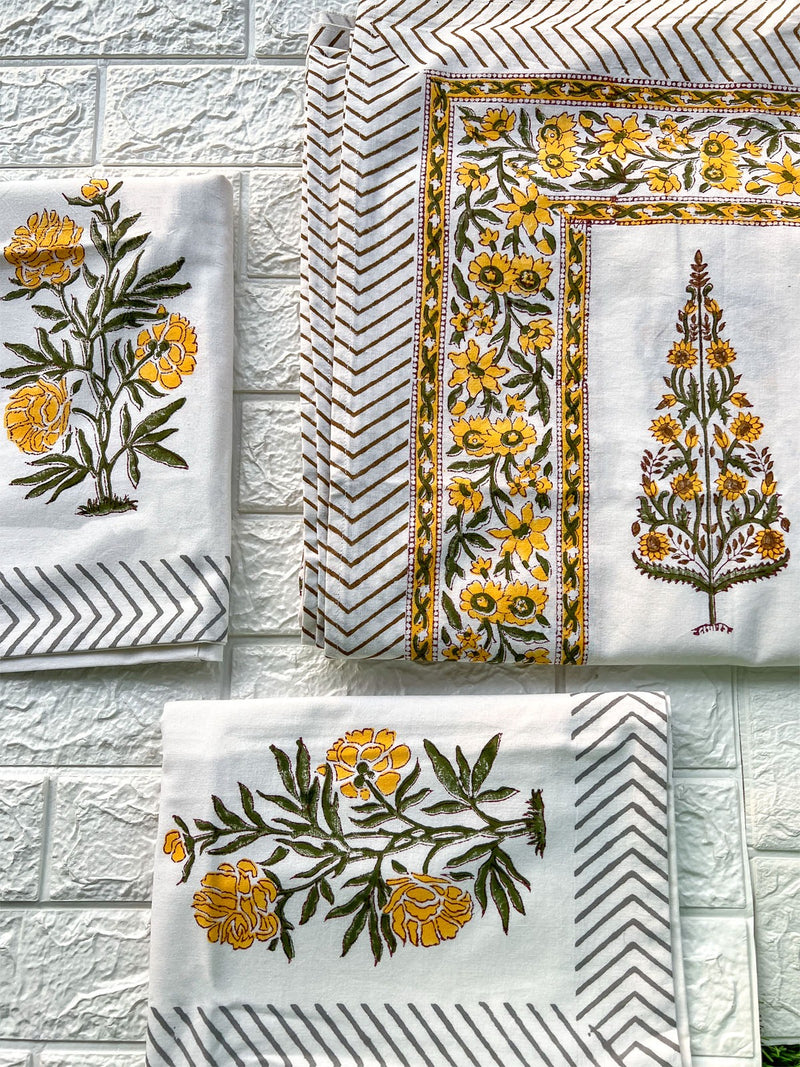 MAJESTIC BLOSSOM HAND BLOCK PRINTED BEDSHEET WITH PILLOW CASES