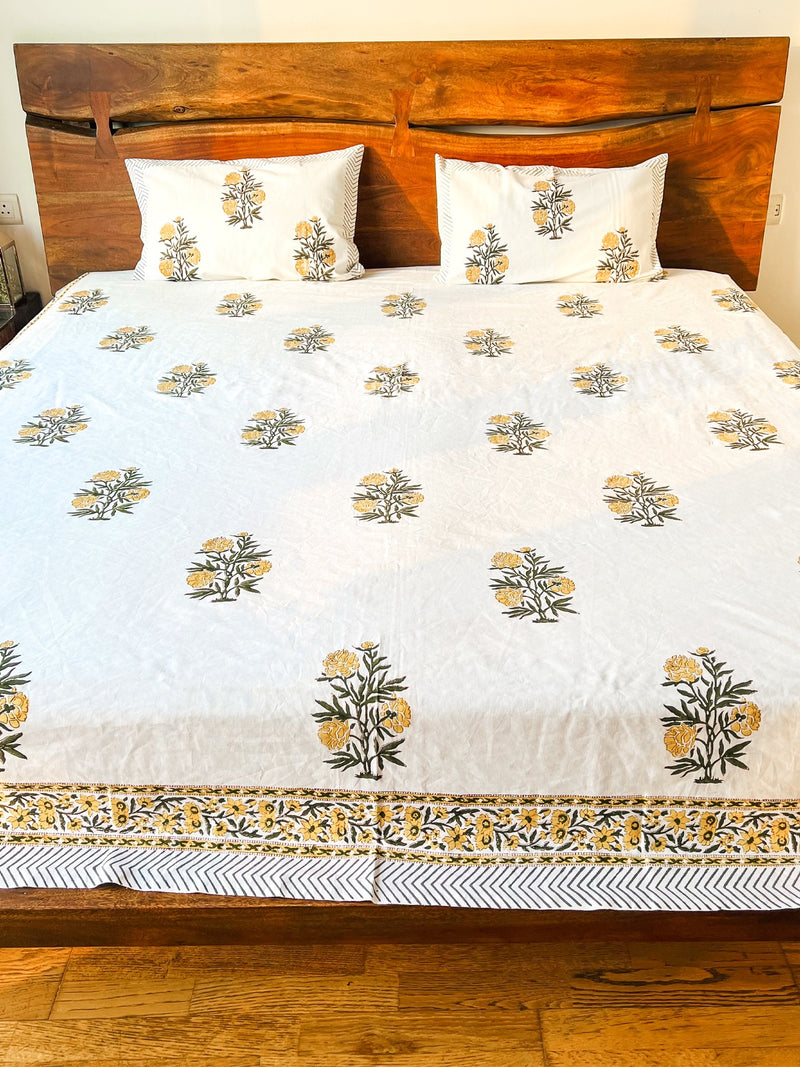 YELLOW BLOSSOMS HAND BLOCK PRINTED BEDSHEET WITH PILLOW CASES
