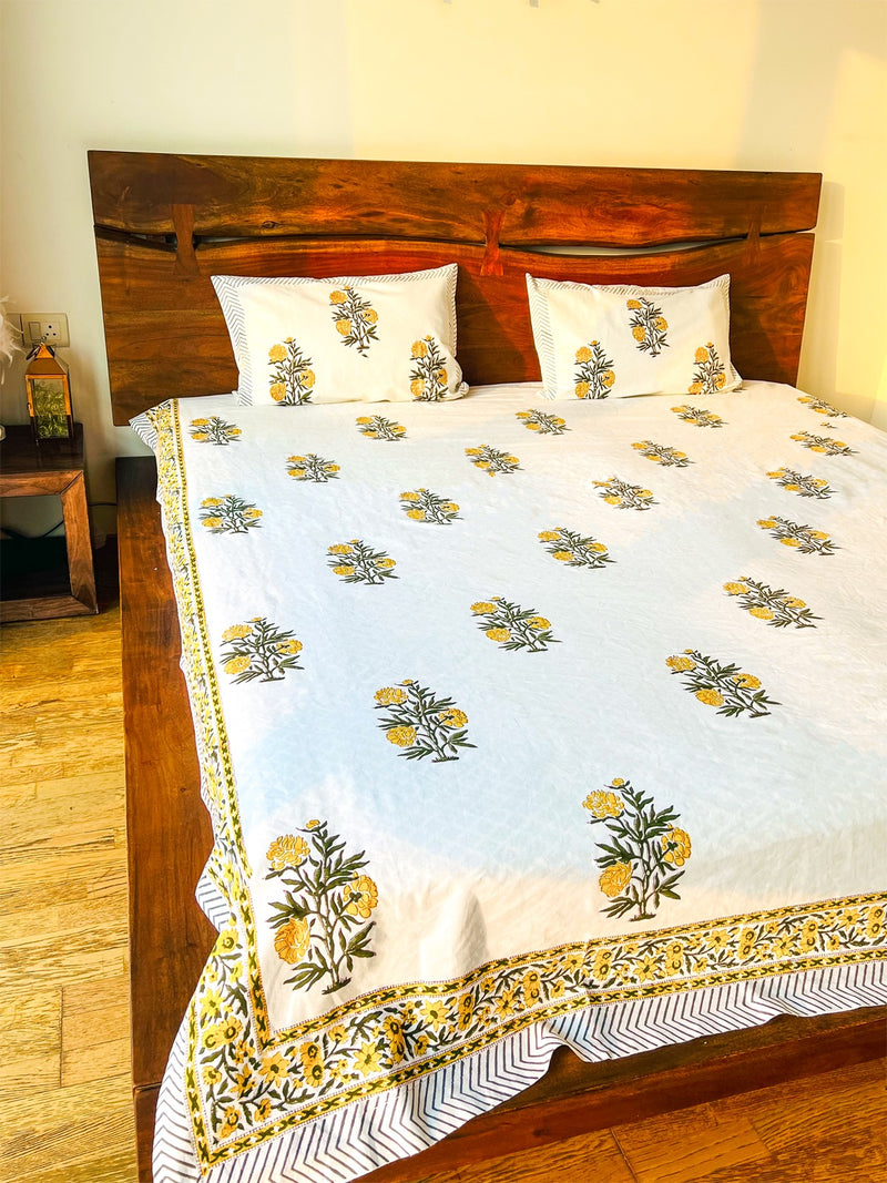 YELLOW BLOSSOMS HAND BLOCK PRINTED BEDSHEET WITH PILLOW CASES
