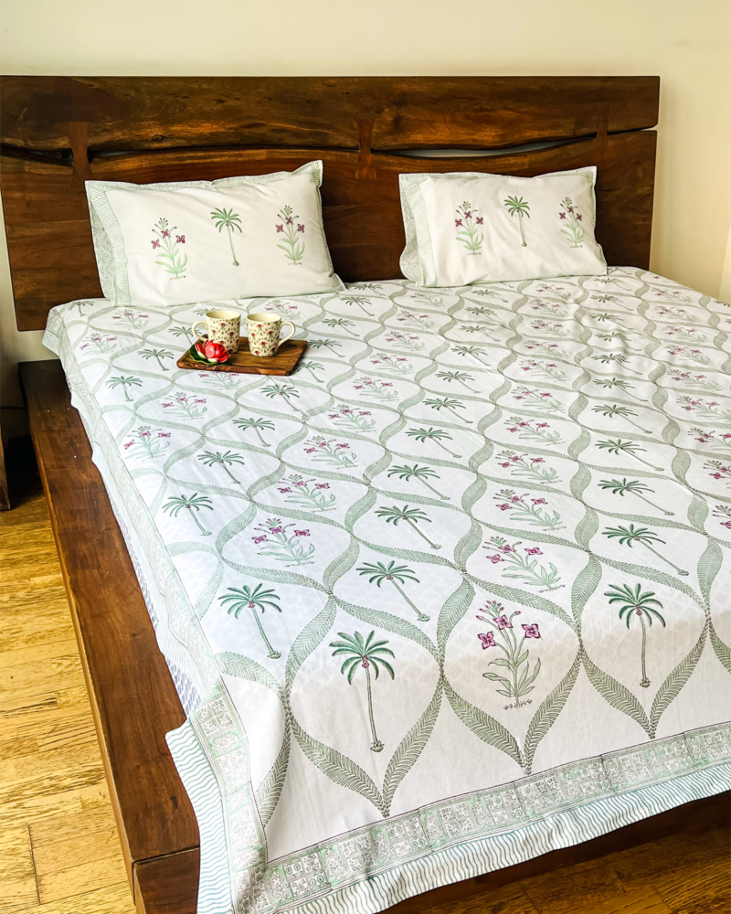 Enchanting Palm & Floral Jaal handblock printed bedsheet 5