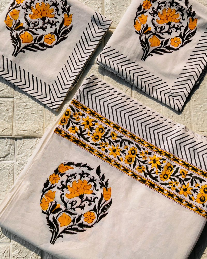 Serene yellow butee hand block printed bedsheet 9