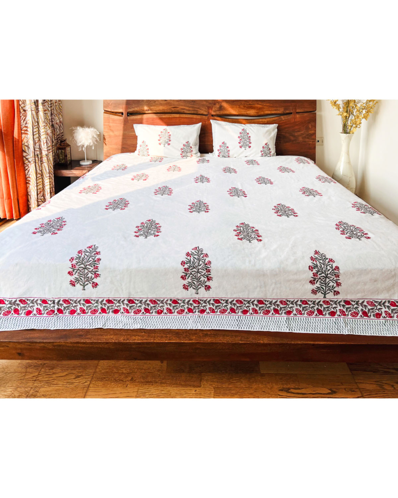 Sumptuous pink and grey handblock printed bedsheet 4